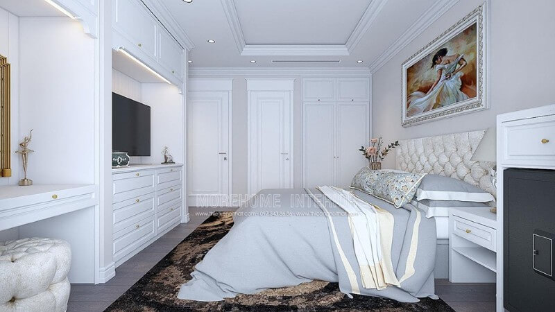 Phòng ngủ tân cổ điển với gam màu trắng tinh khiết mang đến một không gian ngủ thật thông thoáng và sang chảnh thiết kế nội thất chung cư