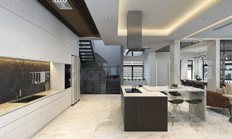 Nội thất phòng bếp đẹp cho chung cư, biệt thự cao cấp, gam màu trắng tự nhiên được sử dụng tạo nên cảm giác sạch sẽ, dễ chịu và sang trọng Thiết kế nhà bếp tiện nghi