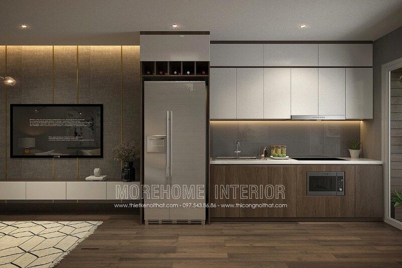 Thiết kế 3D mẫu tủ bếp chung cư bằng gỗ công nghiệp acrylic bóng gương màu trắng kết hợp gỗ Veneer màu vân gỗ đầy ấn tượng