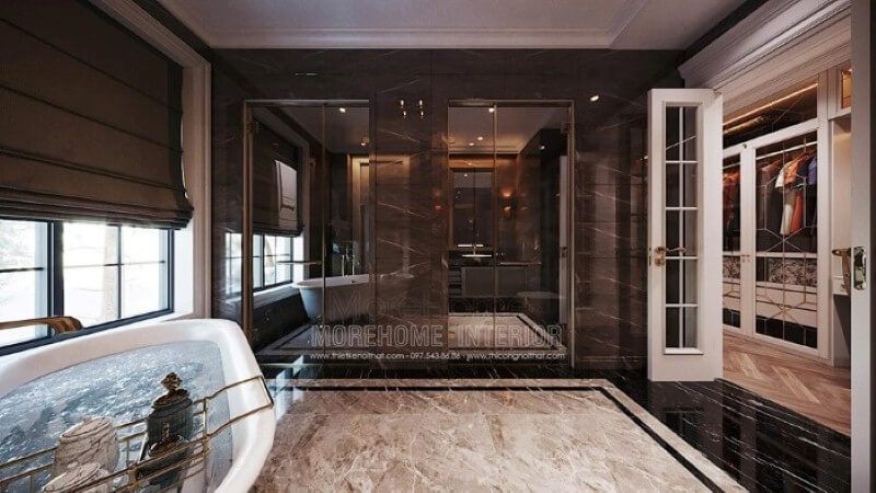 Bố trí nội thất phòng tắm có bồn đẹp, sang trọng.